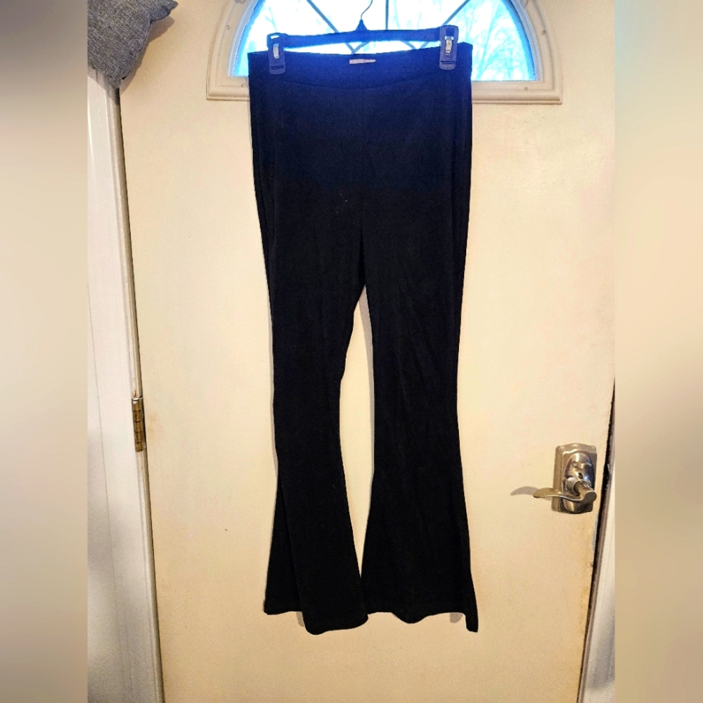 Black faux suede stretchy flared leg pants